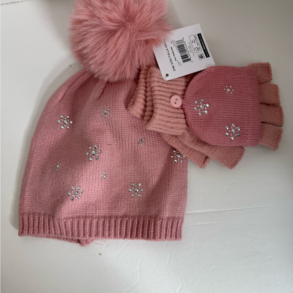 Holiday Time Pink Knit Hat and Glove Set